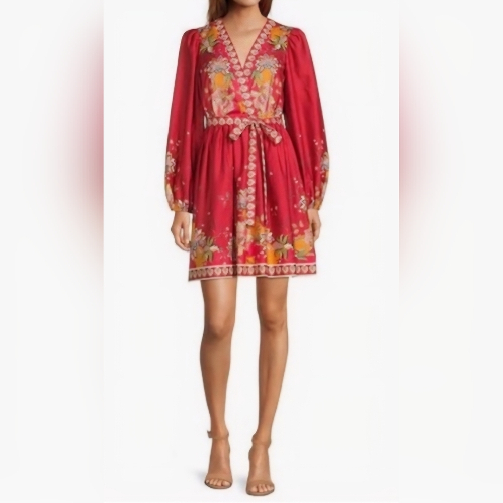 Antonio Melani Emma Boho Floral Tropical Printed Voile V-Neck Belted Dress